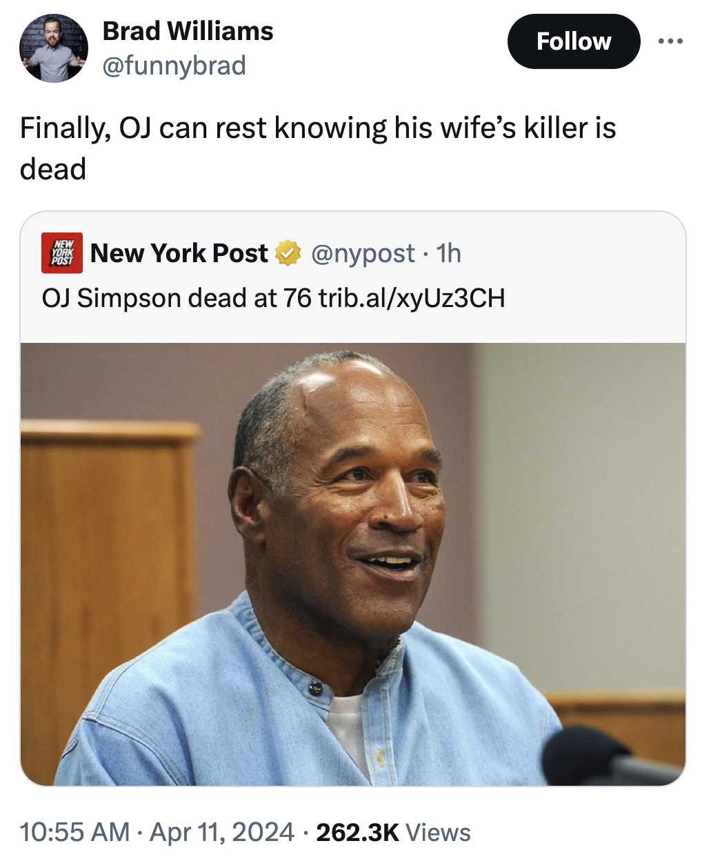 oj simpson - Brad Williams Finally, Oj can rest knowing his wife's killer is dead New York Post . 1h Oj Simpson dead at 76 trib.alxyUz3CH Views